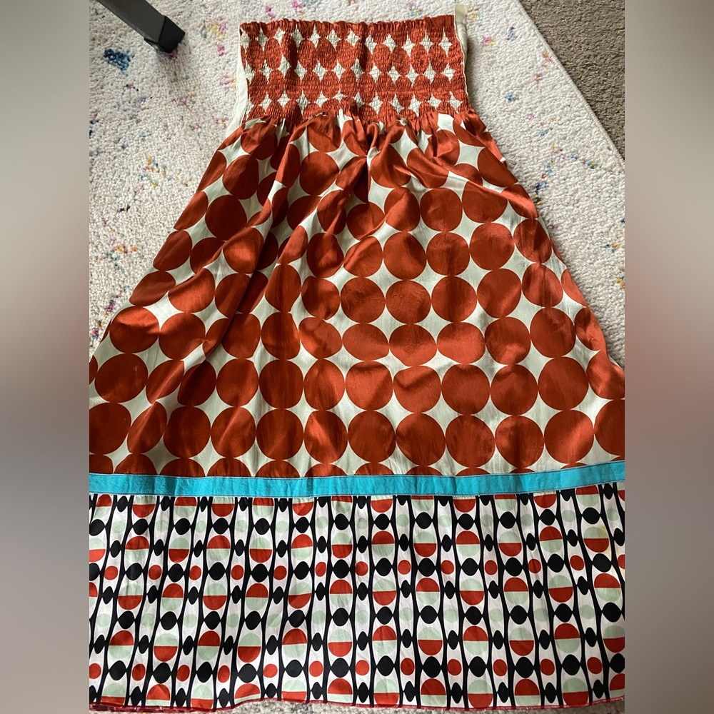 Beautiful silk strapless pattern dress by Common Thread.